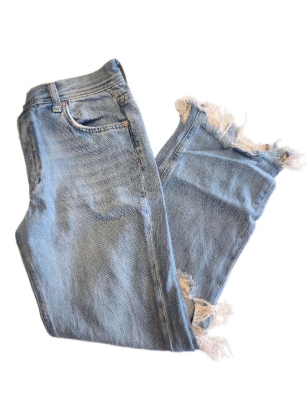 Free People (We The Free) Mid Rise Wide Leg Distressed Light Wash Jeans, 25